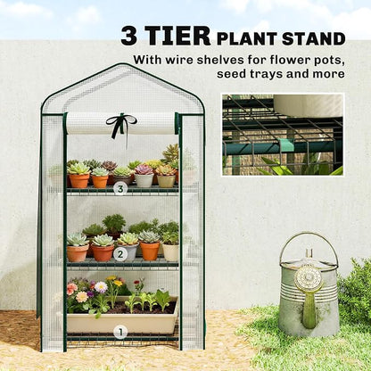 Outsunny 3 Tier Mini Greenhouse with Screen Roof, 27.6" x 19.7" x 50", Portable Small Greenhouse with High Strength PE Cover, Roll-Up Zipper Door for Garden Yard Backyard, White