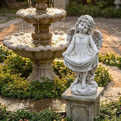 21" Tall Weathered White Angel Cherub Garden Statue, Resin Vintage Dress Sculpture Figurine, All Weather Indoor Outdoor Decor for Yard Lawn Patio Backyard Memorial