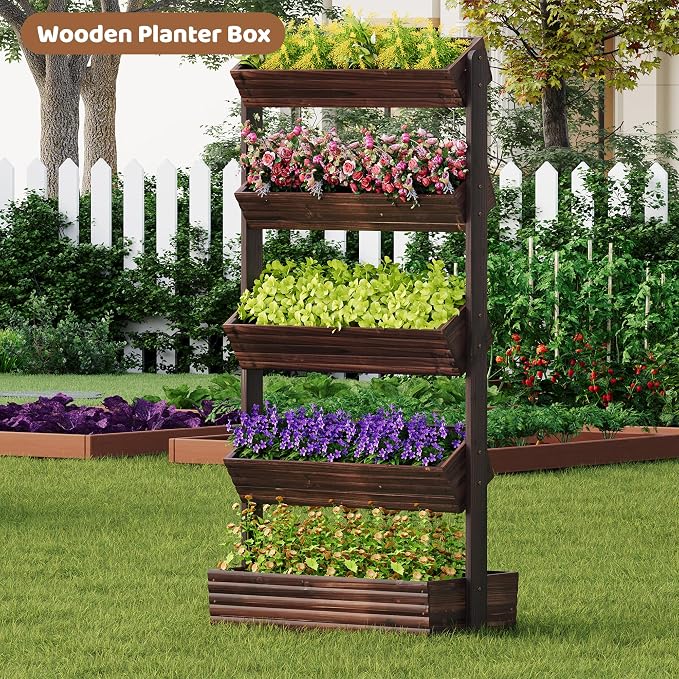Wooden Raised Garden Bed Vertical Planter Box, Freestanding Plant Stand for Indoor Outdoor Plants, Herbs, Flowers, Vegetables, Gardening (Carbonized, 5-Tier，29.9 x 17.9 x 68in)