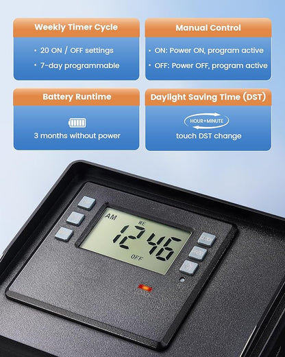 SURAIELEC Digital Pool Timer for Above Ground Pools, NEMA 5-15R Plug-in Timer with Dual Outlets, 15A 125V 1HP, Programmable 7-Day Schedule, Weatherproof Cover, for Pool Pumps, Lights and Salt Systems