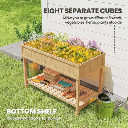 Outsunny 43x18x30in Raised Garden Bed with 8 Pockets and Shelf, Wooden Elevated Planter Box with Legs to Grow Herbs, Vegetables, and Flowers, Natural