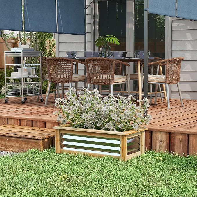 Outsunny Raised Garden Bed, Outdoor Planter Box, Galvanized Metal Reinforced with Wood, Stock Tank for Growing Flowers, Herbs and Vegetables