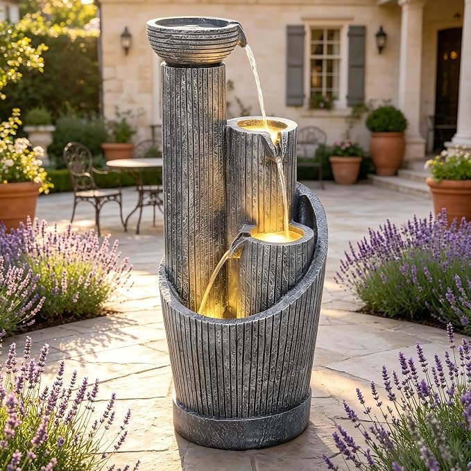AUTODAYA 31" 5-Tier Twist Pedestal Outdoor Fountain LED Cascading Waterfall | geometric twist Pedestal Bowl design, fluted texture, patio garden, Backyard, Deck, or Porch