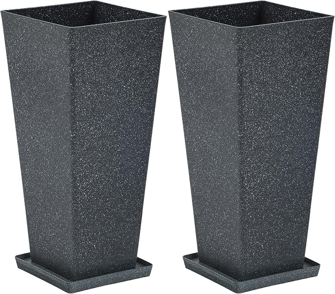Autodaya 28" Tall Planters Set of 2 Black Terrazzo Plastic Flower Pots | Large Weather-Resistant Planters for Patio, Porch, Garden, Front Door, Indoor Spaces, and Christmas Decor