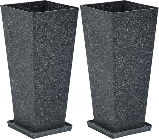 Autodaya 28" Tall Planters Set of 2 Black Terrazzo Plastic Flower Pots | Large Weather-Resistant Planters for Patio, Porch, Garden, Front Door, Indoor Spaces, and Christmas Decor