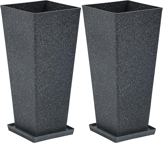 Autodaya 28" Oversized Black Terrazzo-Look PP Tall Planters Set of 2 | Lightweight PP Pots With Drainage Hole for Indoor and Outdoor Plants, Patio, Garden, Porch, Living Room, or Gifting