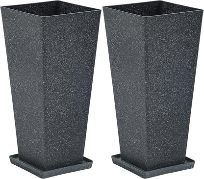 Autodaya 28" Oversized Black Terrazzo-Look PP Tall Planters Set of 2 | Lightweight PP Pots With Drainage Hole for Indoor and Outdoor Plants, Patio, Garden, Porch, Living Room, or Gifting