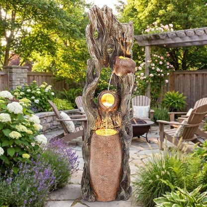 AUTODAYA 42.7" 3-Tier Outdoor Water Fountain LED Tree Trunk Jar Waterfall | Rainforest feature,terra-cotta jar accents, garden patio yard decor