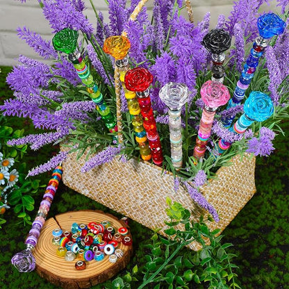 Tigeen 236 Pcs Garden Stake DIY Fairy Wand Plant Stake with 12 Colorful Crystal Stopper Top 12 Threaded Rod with 200 Large Hole Bead for Spring Summer Holiday Outdoor Decorations(Rose Flower)