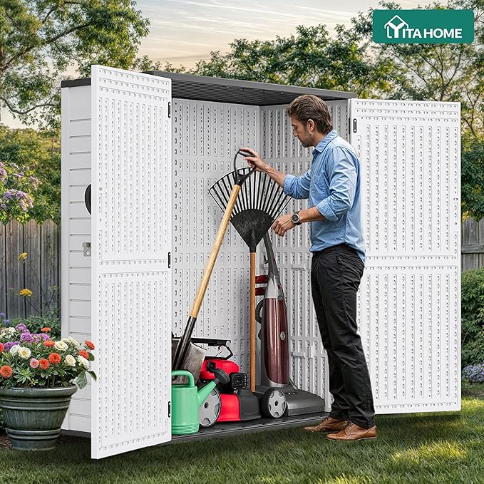 YITAHOME 59 Cuft Outdoor Tall Storage Shed, Waterproof Vertical Resin Shed for Garden, Garage, Patio, Lockable Tool Storage, No Shelves Included, Light Gray