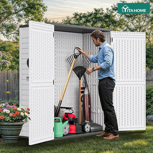 YITAHOME 59 cuft Outdoor Vertical Storage Shed, Tall Storage Shed Outdoor w/o Shelf, Outdoor Waterproof Storage Cabinet for Garage, Pool Storage, Garden Shed Outdoor Storage, Light Gray