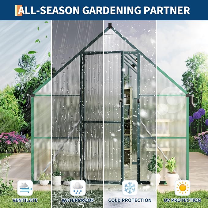 GarveeLife 8X10FT Polycarbonate Greenhouse with Aluminum Frame, Polycarbonate Greenhouse for Outdoors, Greenhouses with Ventilation and Rain Gutter, Aluminum Large Walk-in Greenhouses for Outside