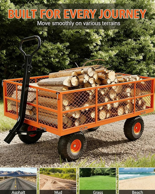 GarveeLife Heavy Duty Steel Garden Cart 1200 LBS Capacity 3 in 1 Pullable Garden Wagon with 13 in Wheels for Gardening Soil, Tools, and Plant Transport