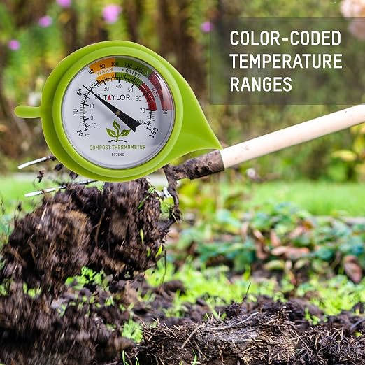 Taylor Compost Thermometer with Decorative Leaf Guard for Composting Bins, Outdoor Gardens, Plants, Farms, Backyards, and Fields, Compost Pile Temperature and Conditions, 20 Inch Stem, Silver