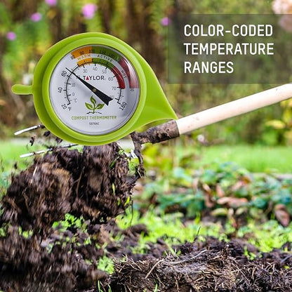 Taylor Compost Thermometer with Decorative Leaf Guard for Composting Bins, Outdoor Gardens, Plants, Farms, Backyards, and Fields, Compost Pile Temperature and Conditions, 20 Inch Stem, Silver