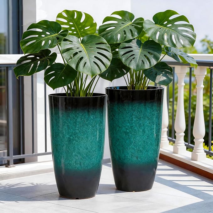 Autodaya 23.8" Tall Outdoor Planters Set of 2 Flower Pot for Outdoor Plants | Faux Ceramic Large Planters with Drainage Hole, Gradient Turquoise Glaze, Weather-Resistant for Garden Patio Porch Home Decor