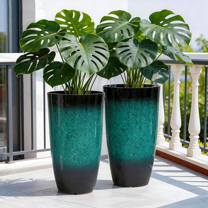 Autodaya 23.8" Tall Outdoor Planters Set of 2 Flower Pot for Outdoor Plants | Faux Ceramic Large Planters with Drainage Hole, Gradient Turquoise Glaze, Weather-Resistant for Garden Patio Porch Home Decor