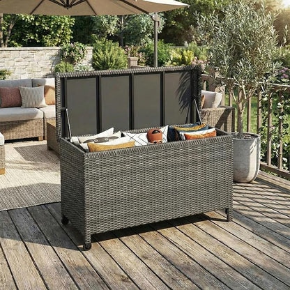 Wicker Deck Box, 125 Gallon All-Weather Outdoor Storage Box, Rattan Storage Bin for Patio Furniture, Outdoor Cushions, Pool Storage and Garden Tools, Grey