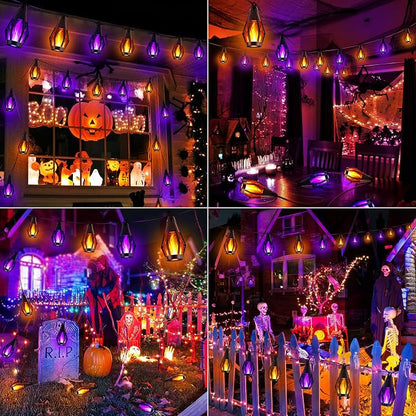 iBaycon 42Ft 15 LED Solar Flame Halloween String Lights, Warm White+Purple | Ultra-Real Flickering Flame Lamp Outdoor Waterproof, Solar Patio String Lights for Garden Yard Lawn Halloween Decorations