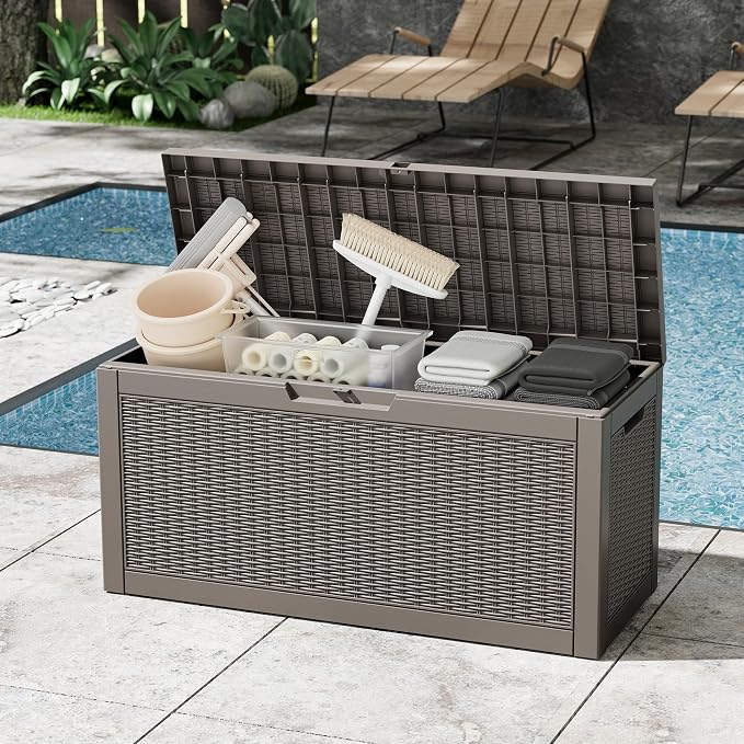 Outdoor Storage Box, Resin Deck Boxes Indoor and outdoor, Waterproof Storage Box Lockable Lid (Grey,70 Gallon)