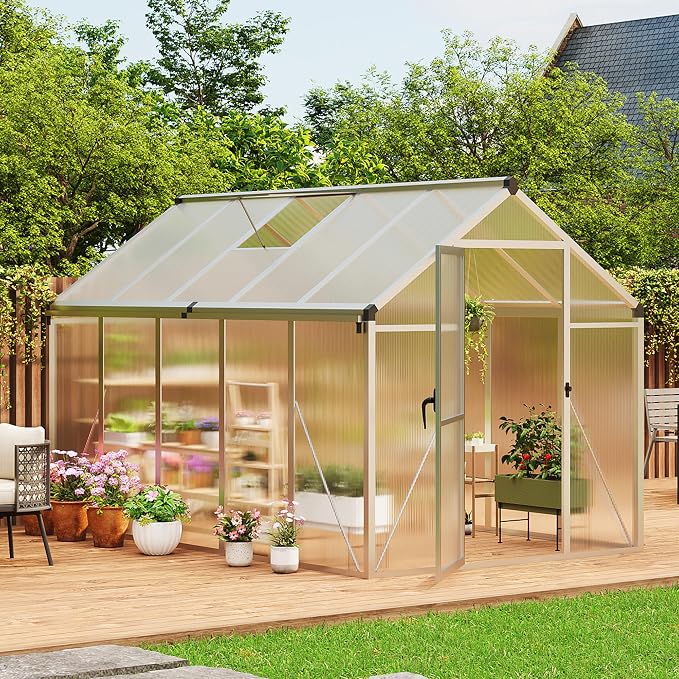 6x10 ft Walk-in Greenhouse, Polycarbonate Panels with Reinforced Aluminum Frame, Large Garden Green House for Planting and Seed Starting, Quick-Assembly Structure with Adjustable Roof Vent