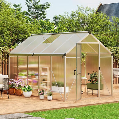 6x10 ft Walk-in Greenhouse, Polycarbonate Panels with Reinforced Aluminum Frame, Large Garden Green House for Planting and Seed Starting, Quick-Assembly Structure with Adjustable Roof Vent