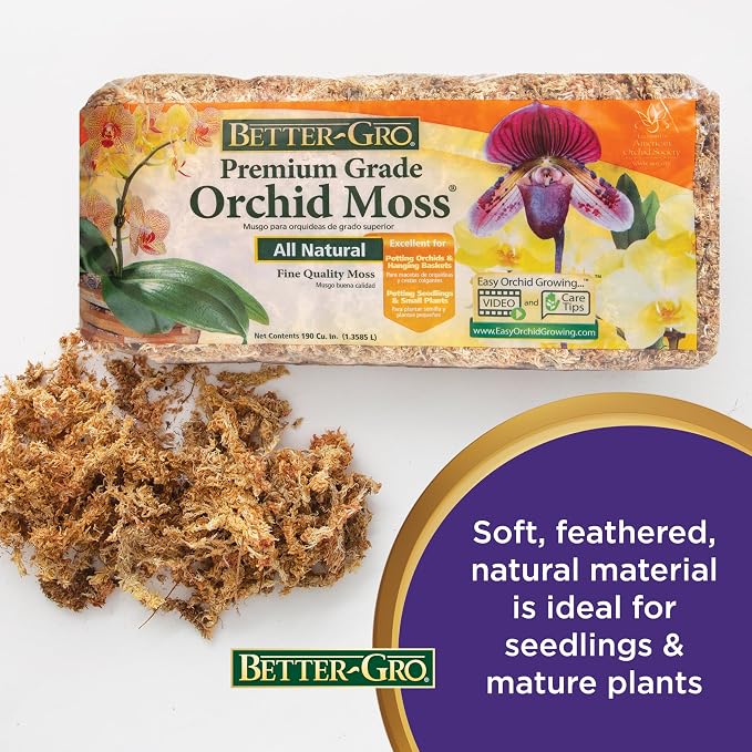 Better-Gro Premium Grade Orchid Moss - 100% Natural, Imported Sphagnum Moss for Orchids, Ferns, and Hostas, Excellent for Hanging Baskets and Propagating Plants - 190 Cubic Inches