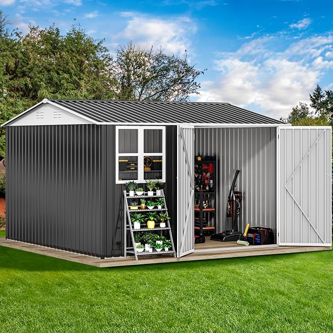 DWVO 10x10ft Large Tool Storage Shed with Window, Lockable Doors, and Sloped Roof, Oversized Steel Outdoor Storage Shed for Garden, Patio, Garage, Backyard, Lawn(Gray + White)
