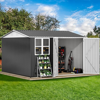 DWVO 10x10ft Large Tool Storage Shed with Window, Lockable Doors, and Sloped Roof, Oversized Steel Outdoor Storage Shed for Garden, Patio, Garage, Backyard, Lawn(Gray + White)