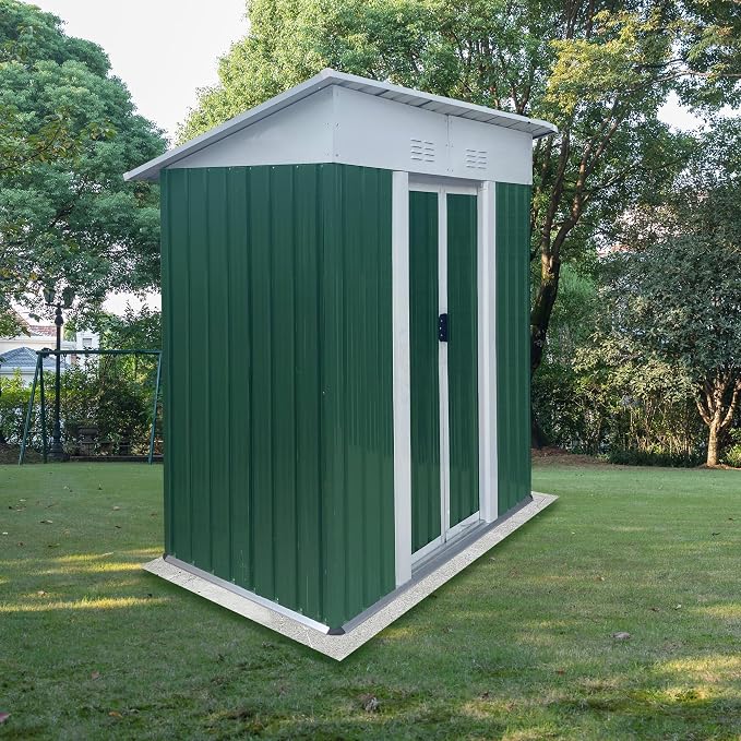 YOPTO 5X3 FT Outdoor Storage Sheds,Metal Small Mini Sheds with Pent Roof and Sliding Door, Garden Tool House W/Lockable Door & Vents,Waterproof Kit for Backyard Lawn Barbeque Bike,Green