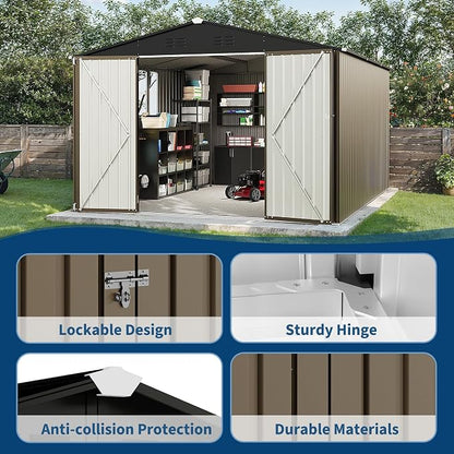 10X12 FT Storage Shed，Lockable Gable Roof Garden Shed with Grid Window, All-Weather Resistant Storage Unit for Bikes, Ladders, Patio Supplies & Garden Essentials