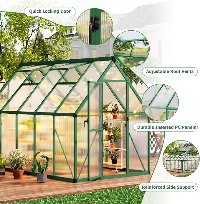CABIHOME 8x12 FT Outdoor Greenhouse, Polycarbonate Greenhouse with Roof Vent and Ground Nails, Aluminum Large Walk-in Green House w/ Lockable Push Door for Outdoor Garden (Green, 6x9 FT)