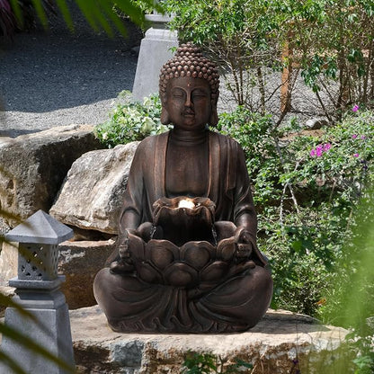 Glitzhome Zen Style Meditating Buddha Statue Fountain Polyresin Outdoor Decoration with Pump and LED Light, 28.25" H