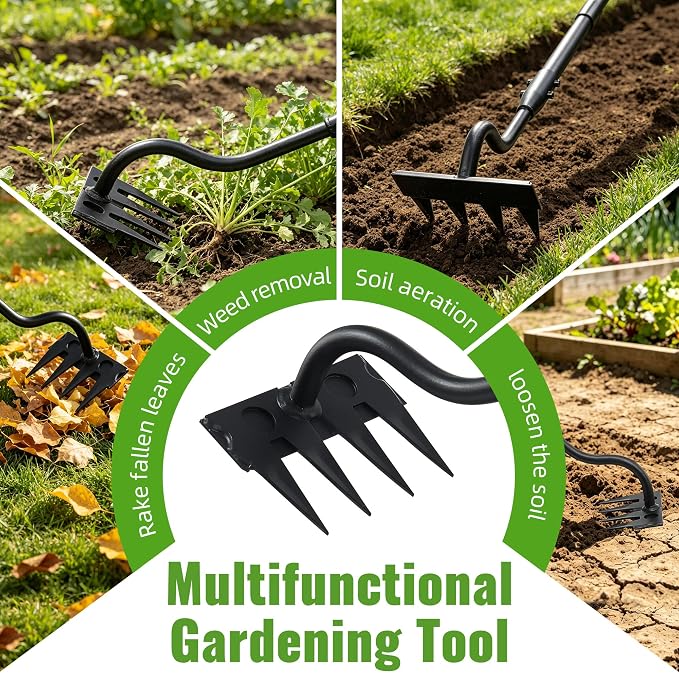 Weeding Rake Long Handle,70 Inch Manual Weeder Tool for Weeding Loosening Soil Cultivating Heavy Duty Metal 4 Teeth Weed Puller Tool for Backyard, Lawn, Garden Beds