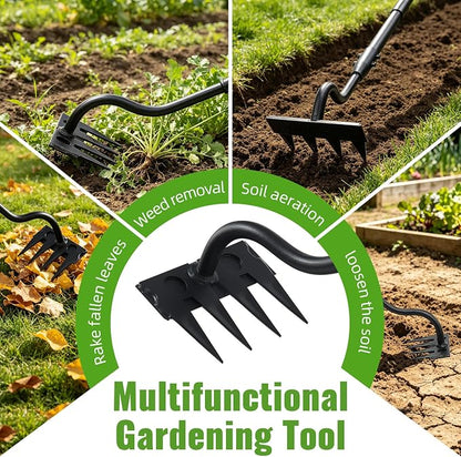 Weeding Rake Long Handle,70 Inch Manual Weeder Tool for Weeding Loosening Soil Cultivating Heavy Duty Metal 4 Teeth Weed Puller Tool for Backyard, Lawn, Garden Beds
