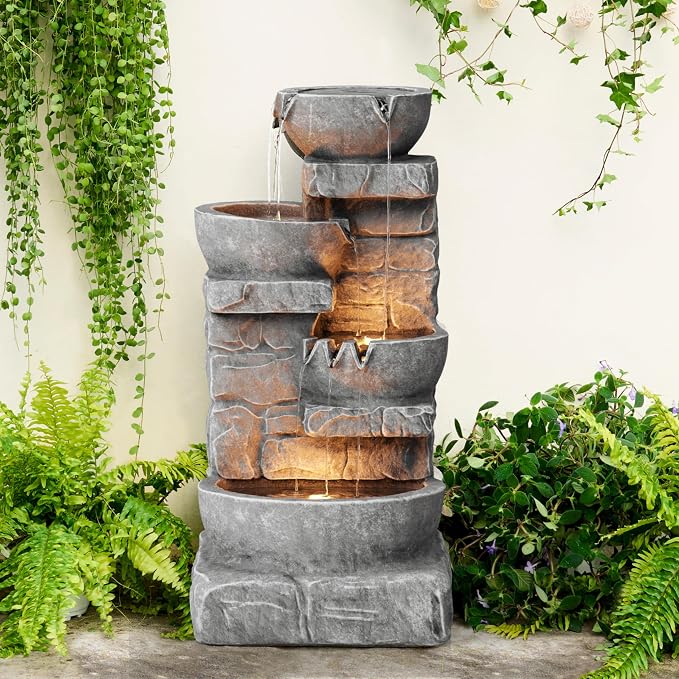 Teamson Home 33.25 in. Cascading Bowls and Stacked Stones LED Outdoor Water Fountain for Gardens, Landscaping, Patios, Balconies, and Lawns for a Calming Oasis in Outdoor Living Spaces, Stone Gray | LED Lights, 3-Tier Cascading Waterfall, Weather-Resis...
