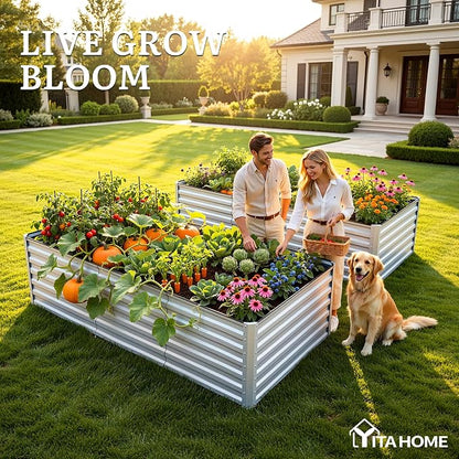 YITAHOME 8x4x2ft Galvanized Raised Garden Bed, Metal Planter Box with Safety Rubber, Gloves, Outdoor Flower Bed for Planting Plants Vegetables, Silver