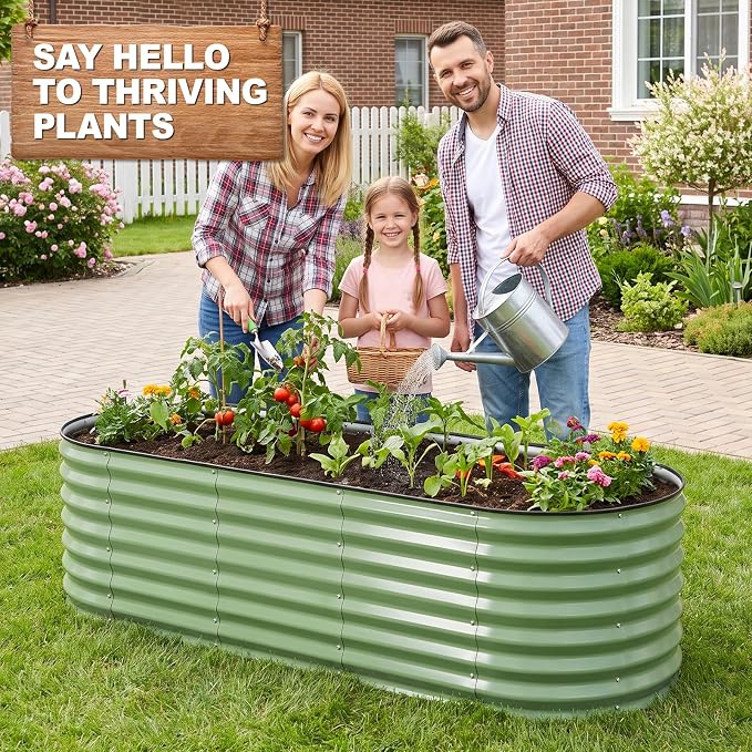 1MORE Galvanized Raised Garden Bed- Planter Garden Boxes Outdoor, Raised Beds for Gardening, 6x2x1.4ft Metal Garden Bed Kit for Vegetables Flower, Planter Raised Bed with Protective Tape & Tools.Green