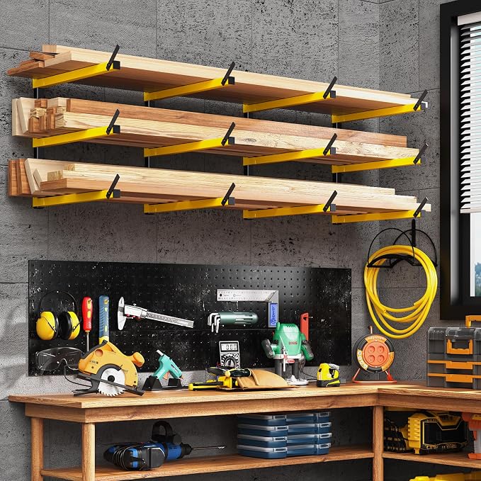 GREENER Lumber Storage Rack Folding Wood Storage Racks Wall-Mounted Metal Racks for Storage with 3-Level Heavy Duty Garage Wood Organizer for Woodworking Shop Indoor & Outdoor Use, 4 pairs,Yellow