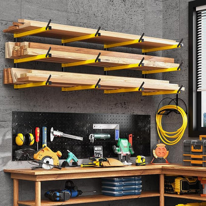 GREENER Lumber Storage Rack Folding Wood Storage Racks Wall-Mounted Metal Racks for Storage with 3-Level Heavy Duty Garage Wood Organizer for Woodworking Shop Indoor & Outdoor Use, 4 pairs,Yellow