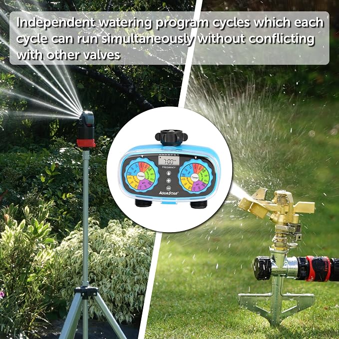 AQUASTAR Two-Zone Hose Watering Timer (Blue), Automatic Irrigation for Lawn, Garden, Yard, Two Outlets