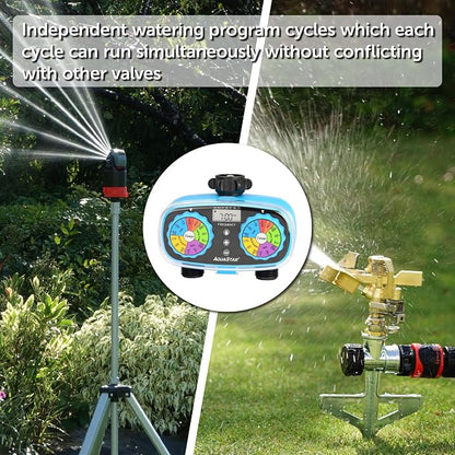 AQUASTAR Two-Zone Hose Watering Timer (Blue), Automatic Irrigation for Lawn, Garden, Yard, Two Outlets