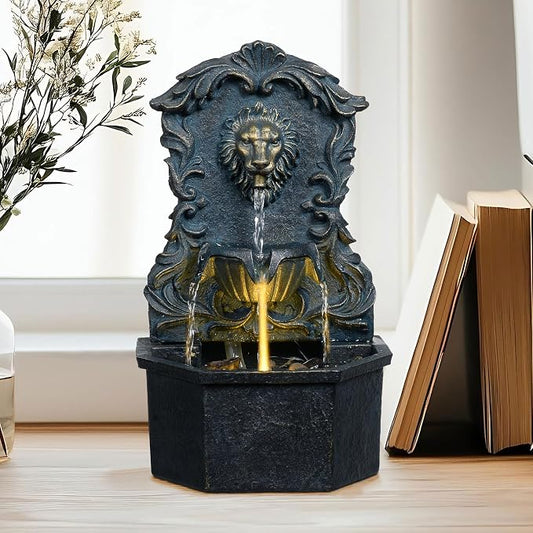 Tabletop Waterfall Fountain with Lion Head – Resin Table Top Water Fountains Indoor for Desk & Home Decor (RJ-21116N)