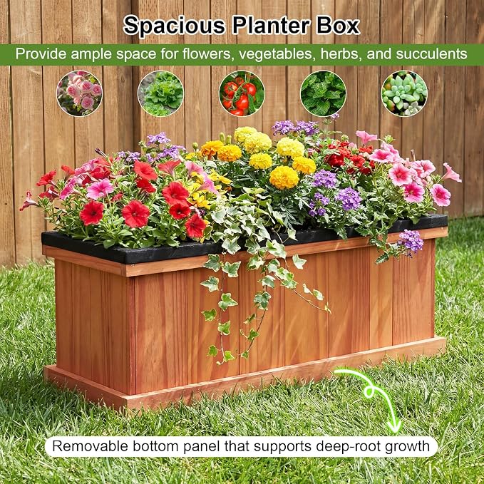 Giantex Outdoor Raised Garden Bed, 28” x 10” x 10” Pine Wood Planter Box with 3 Drainage Holes, Removable Bottom & Bed Liner, Rectangular Flower Container for Vegetables, Herbs, Indoor & Outdoor
