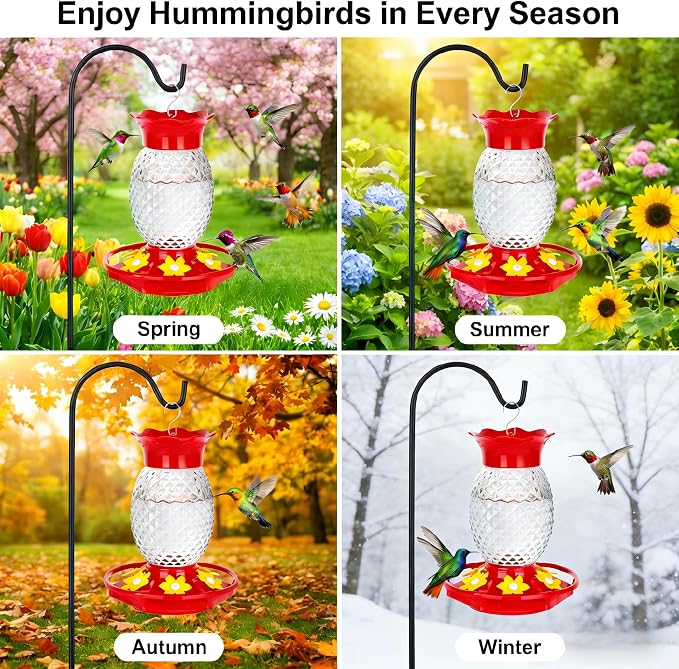 Fchstaer Glass Hummingbird Feeders for Outdoors Hanging 16oz 2 Pack Clear Pineapple Bee & Ant Proof 360°Perch Leakproof Easy Clean with 6 Feeding Ports Gifts for Mom