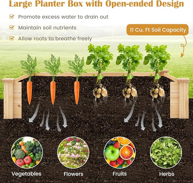 Giantex Raised Garden Bed, 49"x49"x10" Wood Planter Box Kit w/Compost Bin & Open-Ended Bottom for Vegetables, Flowers, Herbs, Fruits, Elevated Square Planting Bed for Patio, Backyard, Garden
