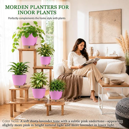 Self Watering Pots for Inoor Ourdoor Plants 8/7/6.5/6/5 Inch Plastic Planters with Drainage Holes & Water Level Indicator, Decorative House Flower Nursery Planting Pots with Saucers (Dusty Lavender)