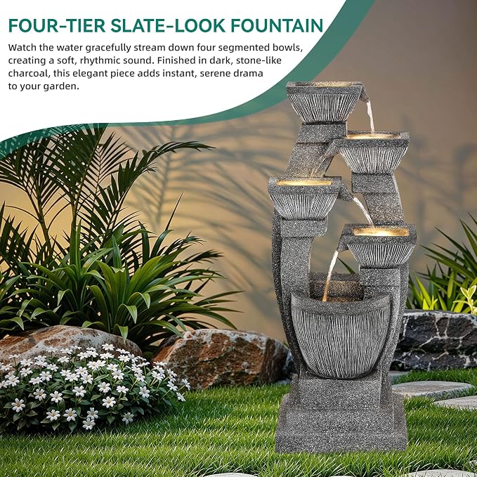 40.5" Outdoor Fountain LED 4-Bowl Cascading Waterfall, Gray | 4-pillar slate style, garden patio backyard porch