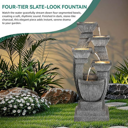 40.5" Outdoor Fountain LED 4-Bowl Cascading Waterfall, Gray | 4-pillar slate style, garden patio backyard porch