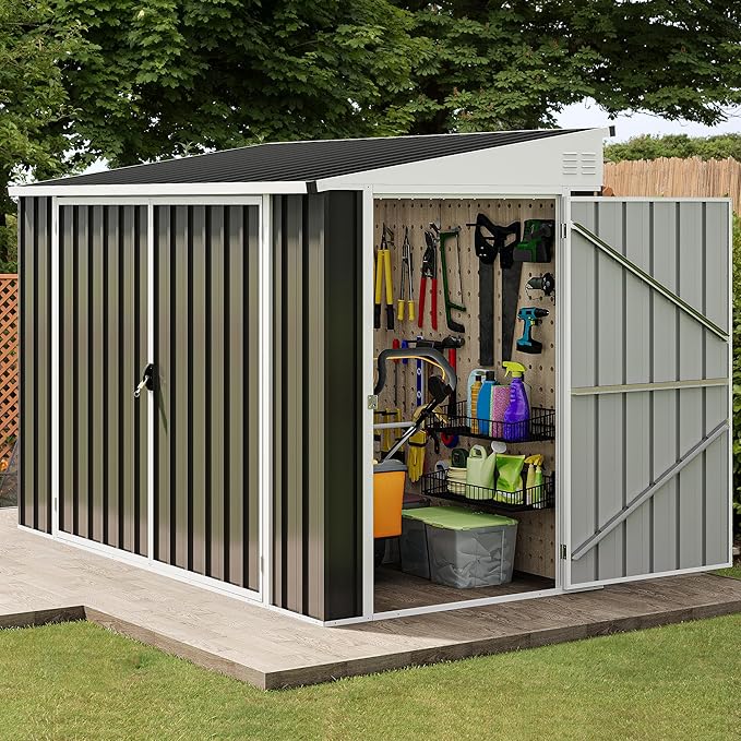 DWVO 7' x 4' Outdoor Storage Shed, Large Metal Tool Sheds, Heavy Duty Storage House with 3 Lockable Doors & Air Vent for Backyard Patio Lawn to Store Bikes, Tools, Lawnmowers, Dark Gray